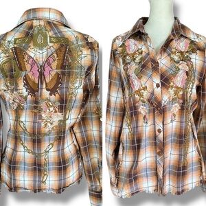 Aziza Brown + Gold Plaid Floral Butterfly Embroidered Button Down Top | Medium
